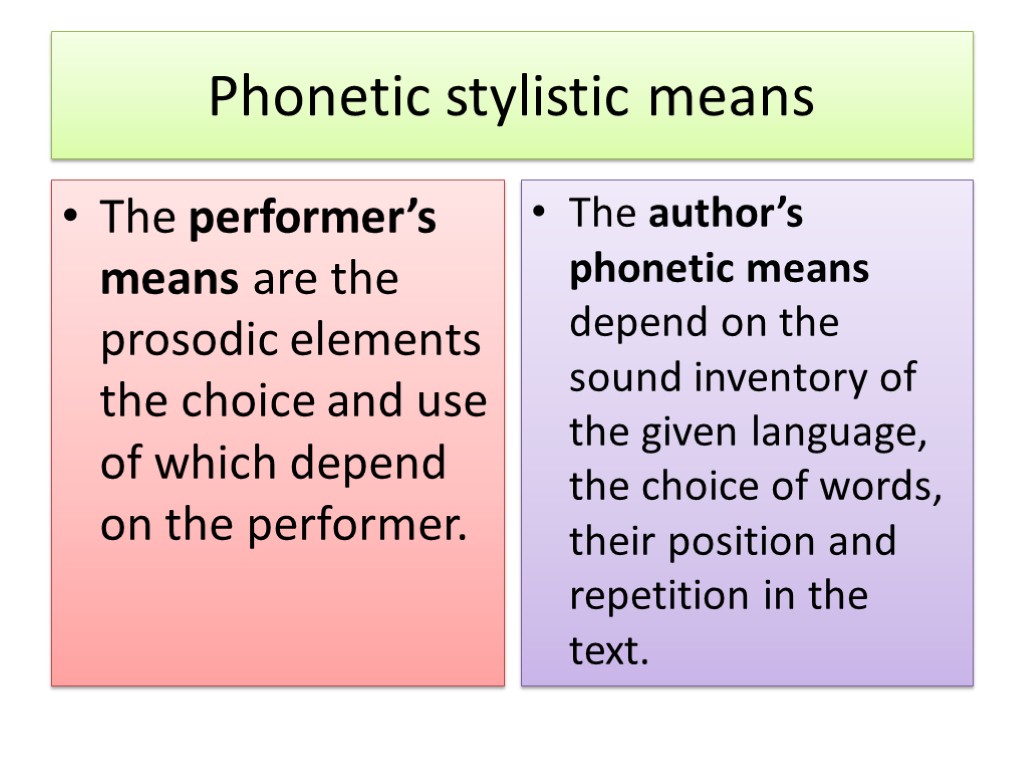 Phonetic stylistic means The performer’s means are the prosodic elements the choice and use